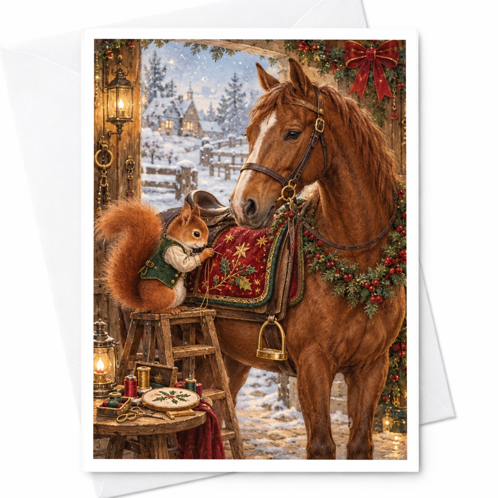 Squirrel And Horse Christmas Card Holiday Animal Greeting Card Cute Winter Scene For Animal Lover Festive Card C10391