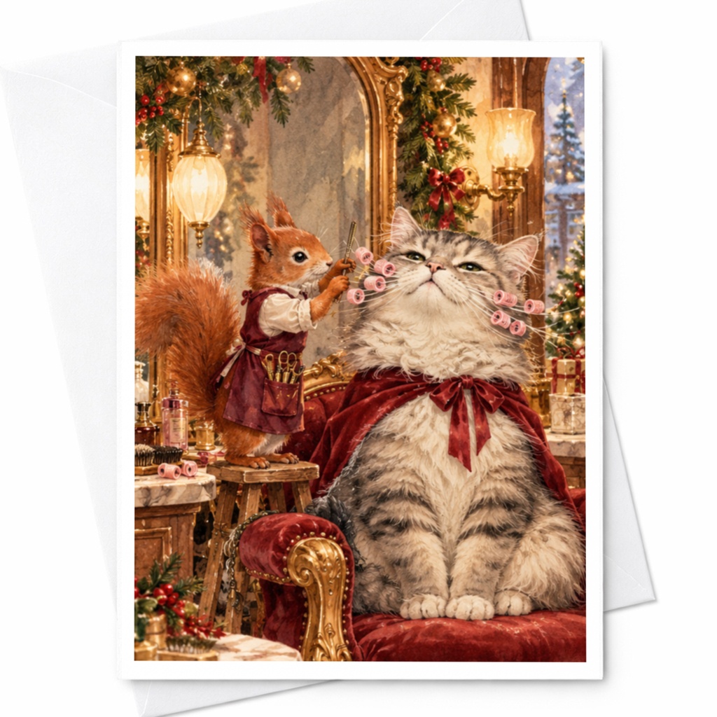 Squirrel Styling Cat Blank Greeting Card Cute Animal Lover Card Whimsical Everyday Card For Cat Lover Fun Illustration C10392
