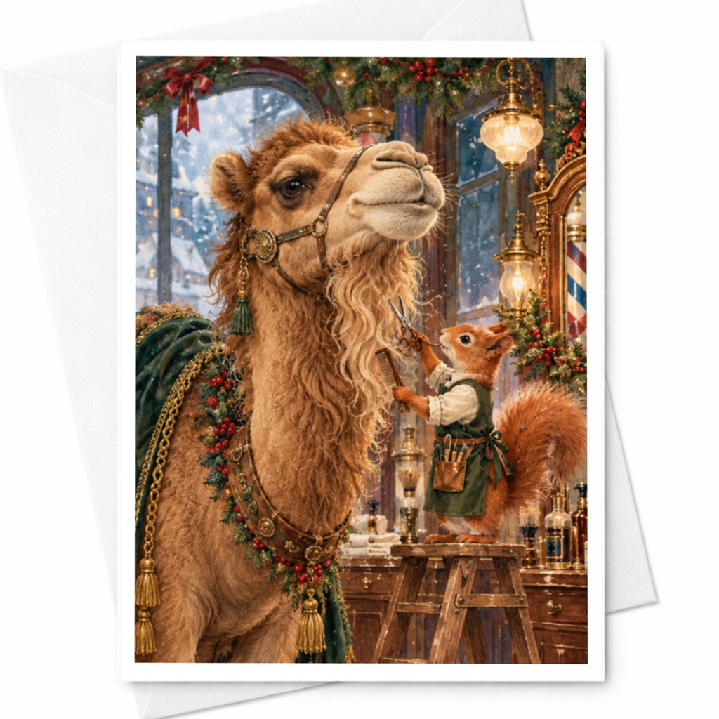 Festive Camel And Squirrel Christmas Card Cute Animal Holiday Greeting Card For Animal Lover Whimsical Winter Scene C10393