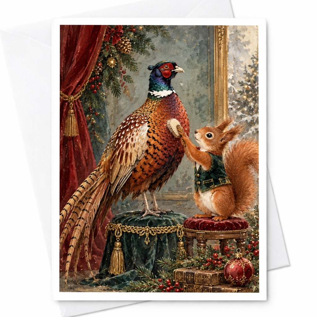 Squirrel And Pheasant Christmas Card Festive Animal Greeting Card Woodland Holiday Card For Nature Lover Cute Winter Scene C10395
