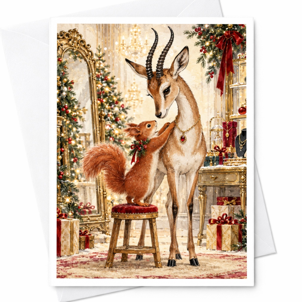 Squirrel And Deer Christmas Card Festive Holiday Greeting Card Woodland Animal Lovers Cute Winter Scene For Her Him C10396