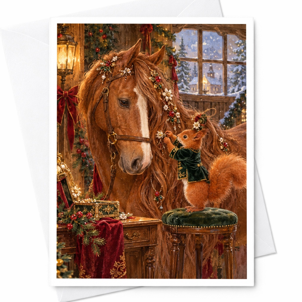 Horse And Squirrel Christmas Card Holiday Greeting Card Woodland Animal Art Festive Winter Scene For Animal Lover C10399