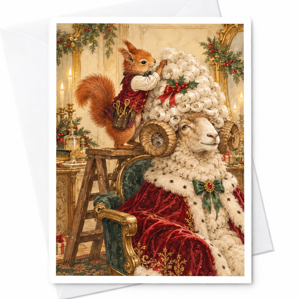 Festive Squirrel Styling Sheep Christmas Card Cute Animal Holiday Greeting Card For Animal Lover Whimsical Seasonal Card C10400