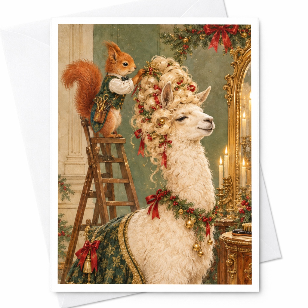 Squirrel Styling Llama Christmas Card Cute Animal Holiday Greeting Card Festive Llama Art For Animal Lover Whimsical C10401