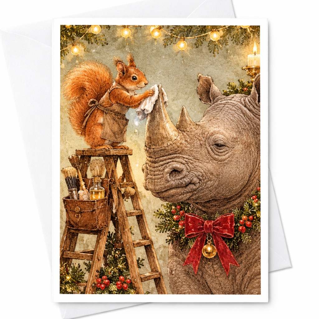 Squirrel And Rhino Christmas Card Cute Animal Holiday Greeting Card Woodland Wildlife Art Festive Decor For Animal Lover C10405