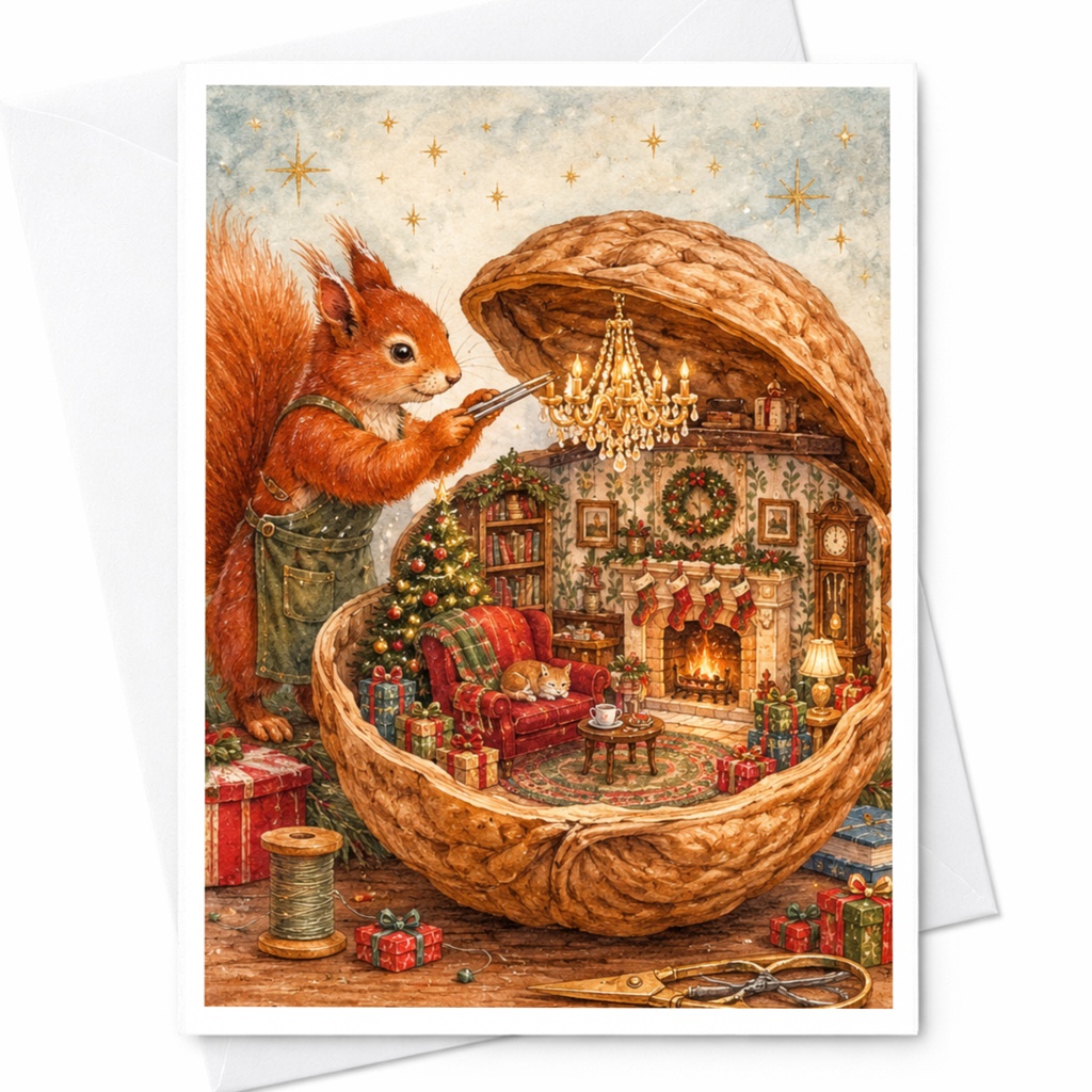 Squirrel Decorating Cozy Christmas Scene Card Holiday Greeting Card Woodland Animal Christmas Card For Nature Lover Cute Festive C C10409