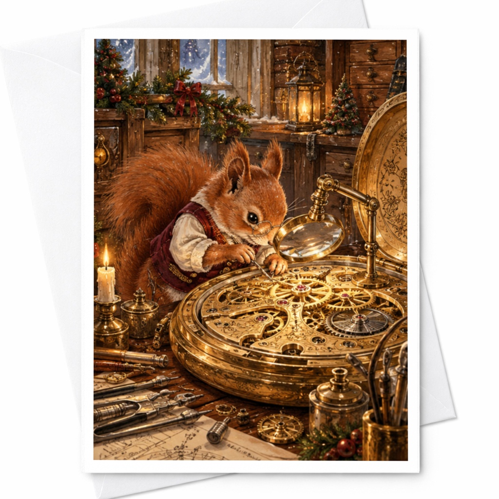 Squirrel Clockwork Card Cute Animal Greeting Card Blank Note Card Woodland Creature Art For Nature Lover Whimsical C10412