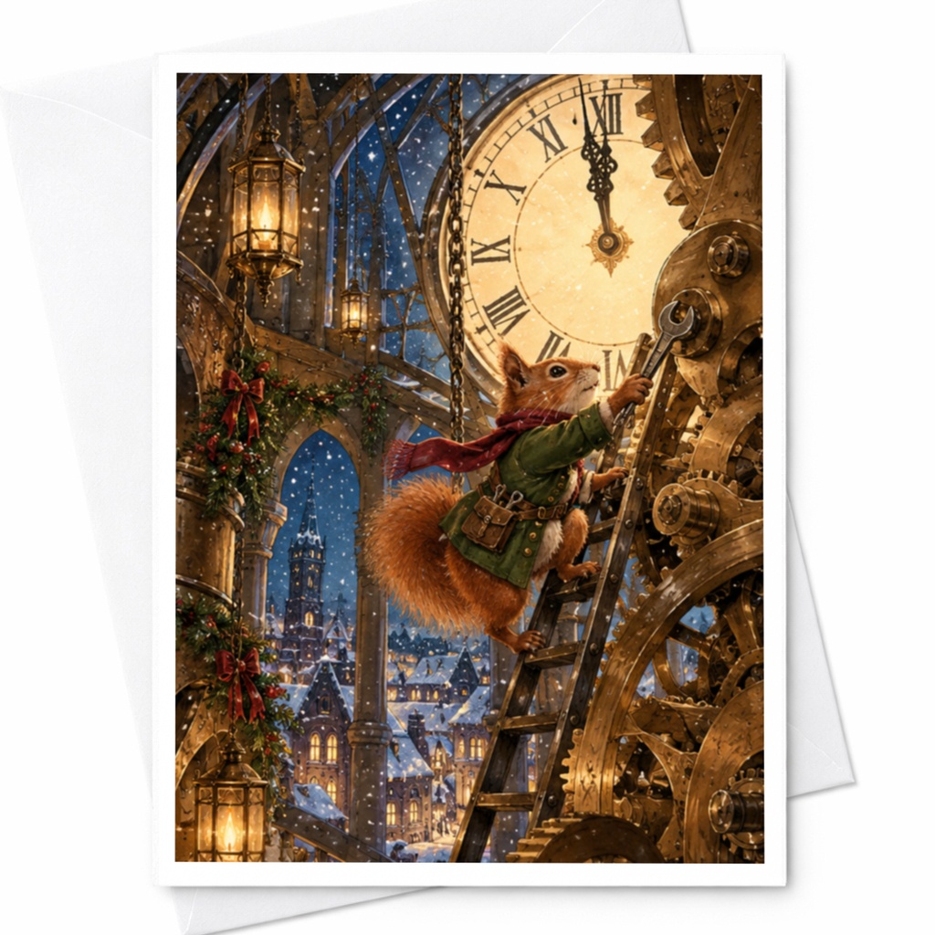 Squirrel Clockwork Christmas Card Cute Holiday Greeting Card Winter Wonderland Animal Lover Festive Card For Friends Family C10413