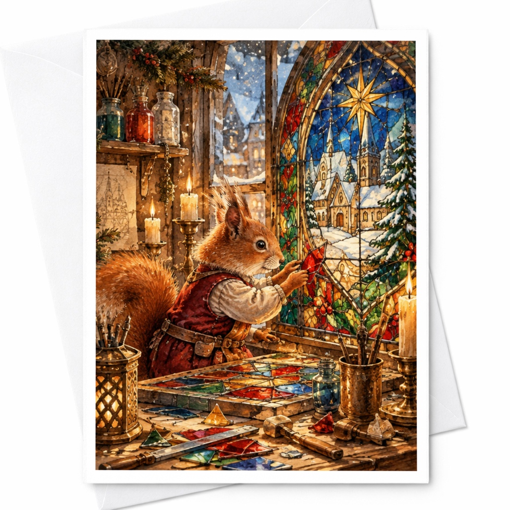 Squirrel Stained Glass Christmas Card Cute Animal Holiday Greeting Card Woodland Winter Scene For Nature Lover C10414