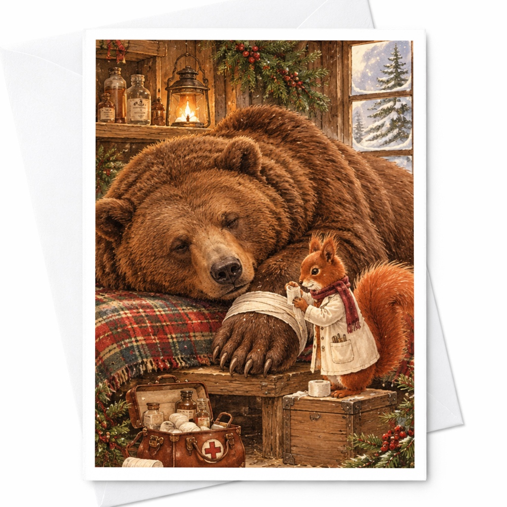 Bear And Squirrel Winter Scene Blank Greeting Card Woodland Animal Art Cozy Cabin Christmas Card For Nature Lover Cute Holiday Car C10417