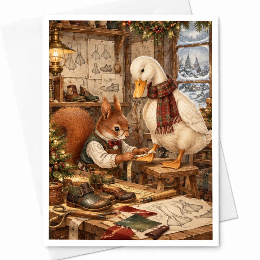 Squirrel And Duck Christmas Card Cozy Animal Workshop Holiday Greeting Card Cute Woodland Scene Winter Festive Card C10419
