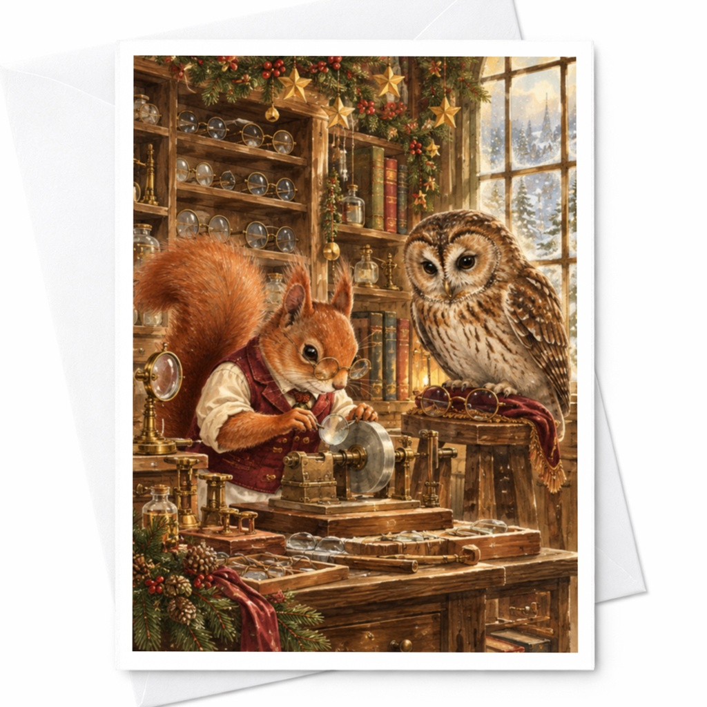 Squirrel And Owl Cozy Workshop Blank Greeting Card Woodland Animal Art Card For Nature Lover Cute Rustic Everyday Card C10420