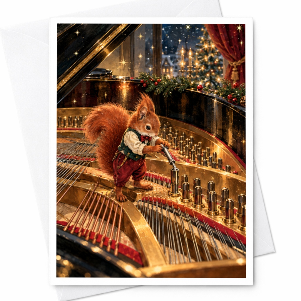 Squirrel Tuning Piano Christmas Card Cute Animal Holiday Greeting Card For Music Lover Festive Winter Scene Card C10423