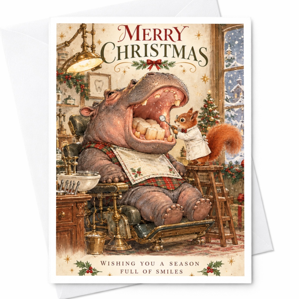 Merry Christmas Wishing You A Season Full Of Smiles Christmas Card Cute Hippo Squirrel Festive Holiday Greeting Card C10424