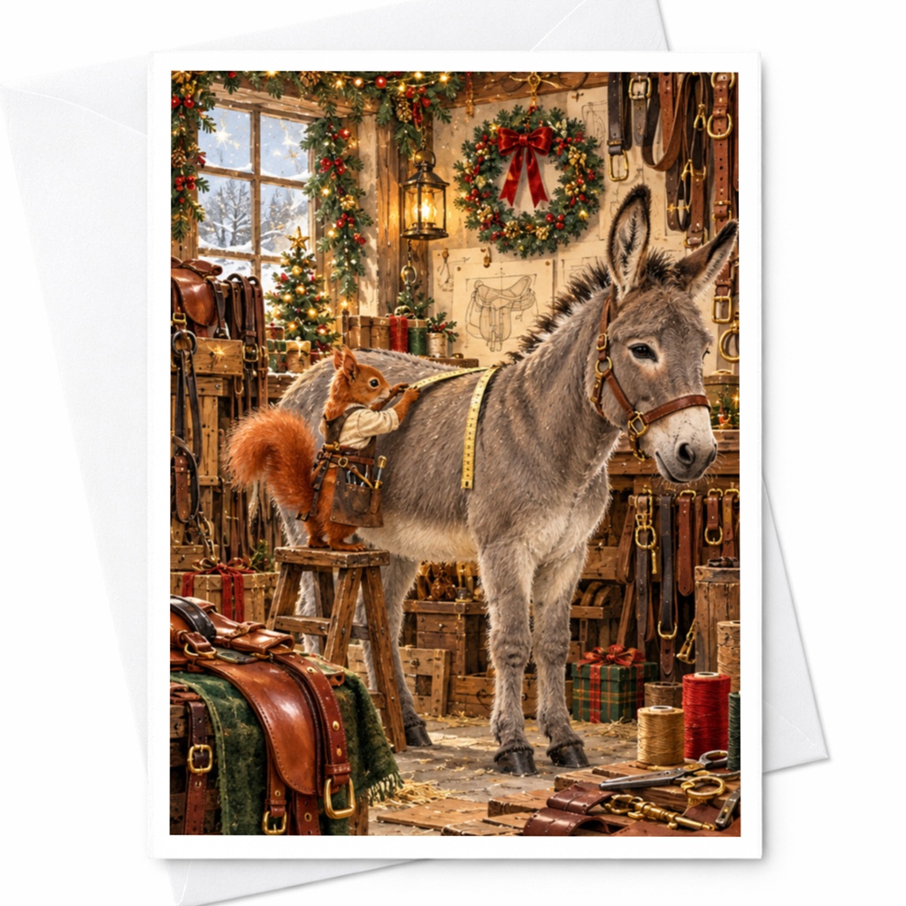 Squirrel And Donkey Christmas Card Festive Animal Greeting Card Holiday Card For Animal Lover Cute Winter Scene C10427