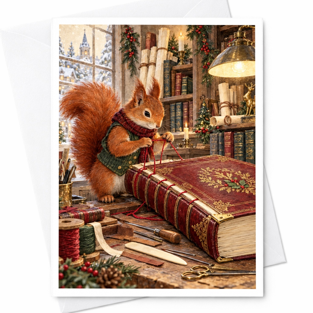 Squirrel With Book Christmas Card Cozy Woodland Animal Holiday Greeting Card For Nature Lover Cute Festive Winter Scene C10428