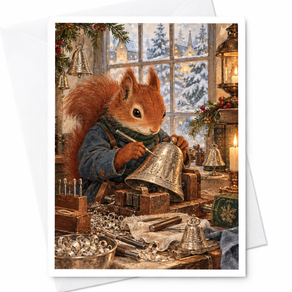 Squirrel Crafting Bell Christmas Card Woodland Animal Holiday Greeting Card Cute Winter Scene For Nature Lover C10441