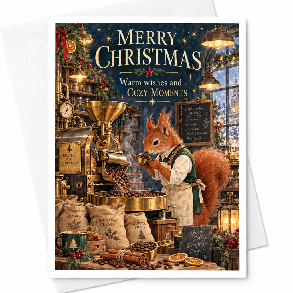 Merry Christmas Warm Wishes And Cozy Moments Christmas Card Cute Squirrel Coffee Theme Holiday Greeting Card C10449