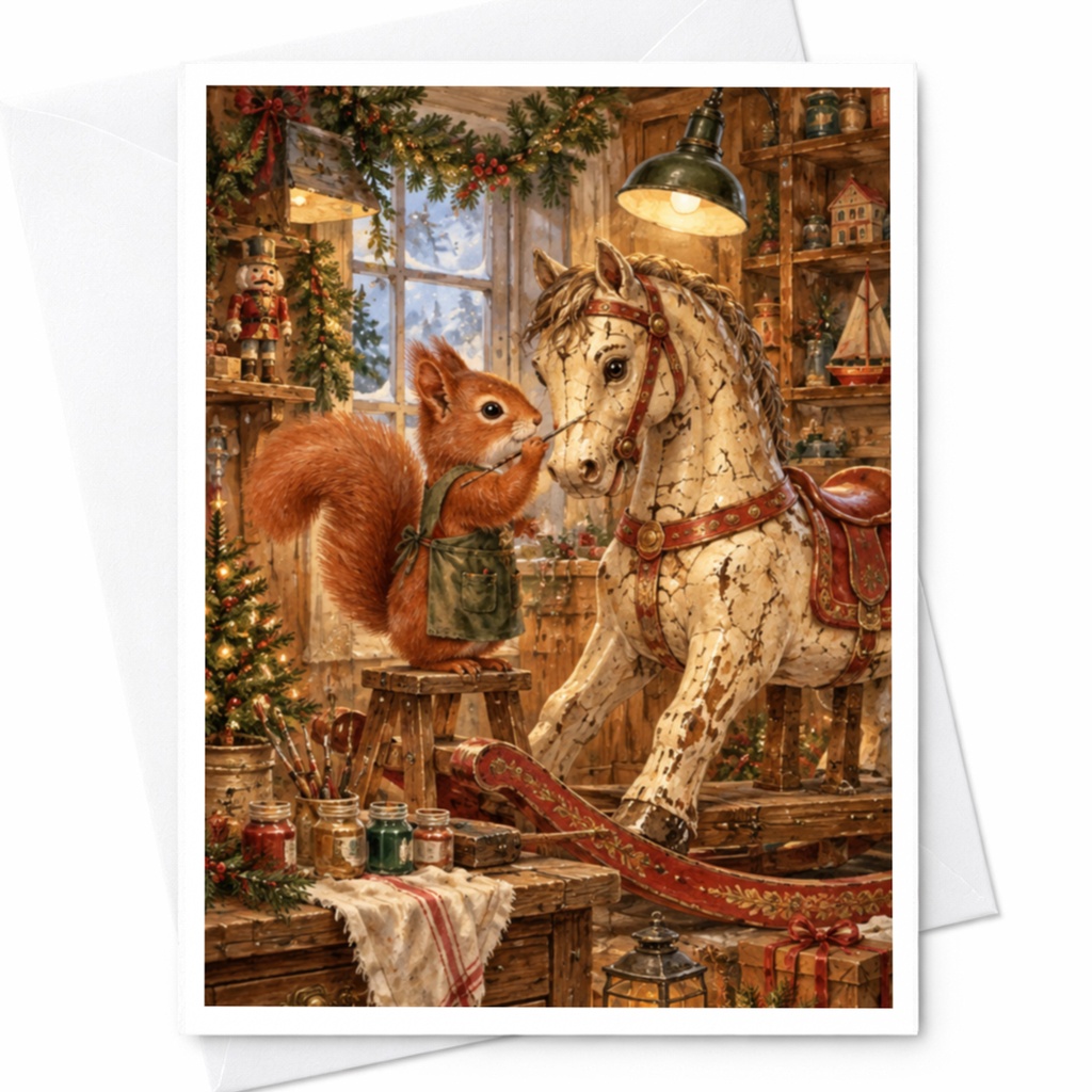 Squirrel With Rocking Horse Christmas Card Cute Animal Holiday Greeting Card Woodland Scene Festive Art For Animal Lover C10450