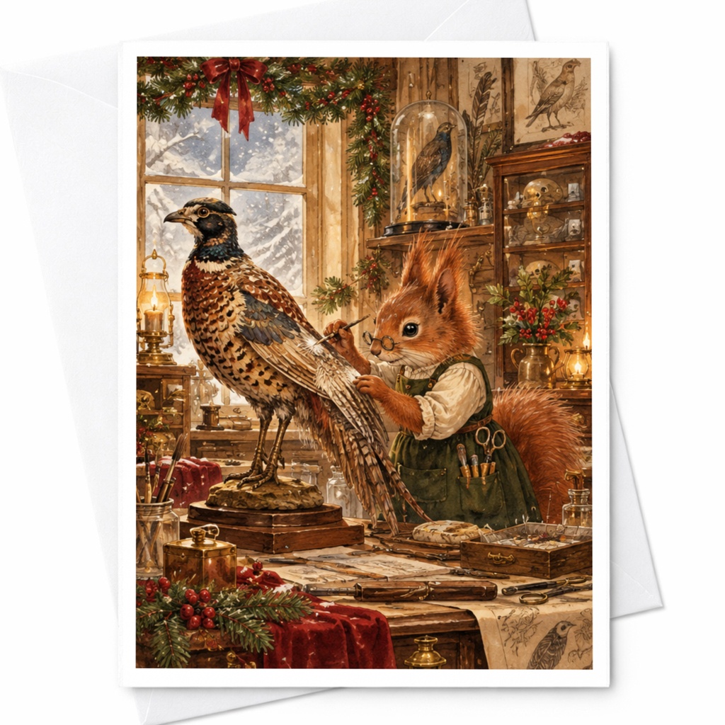 Squirrel Crafting With Bird Christmas Card Woodland Animal Holiday Greeting Card Cute Festive Card For Nature Lovers C10452