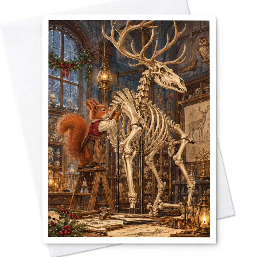 Squirrel With Deer Skeleton Blank Greeting Card Woodland Animal Art Card Nature Lover Card Cute Whimsical Everyday Card C10453