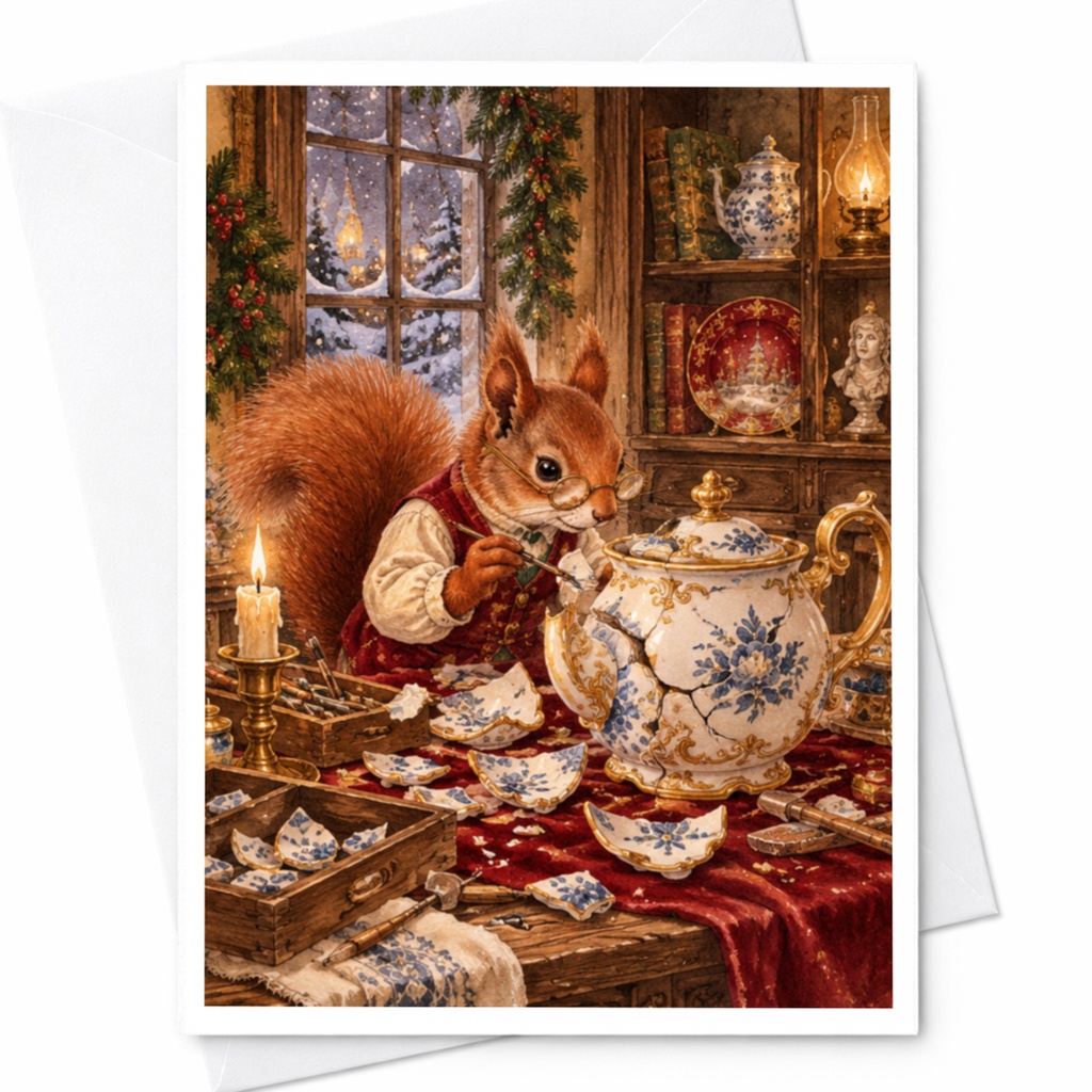 Squirrel Repairing Teapot Blank Greeting Card Woodland Animal Art Cute Winter Scene For Nature Lover Cozy Holiday Card C10454
