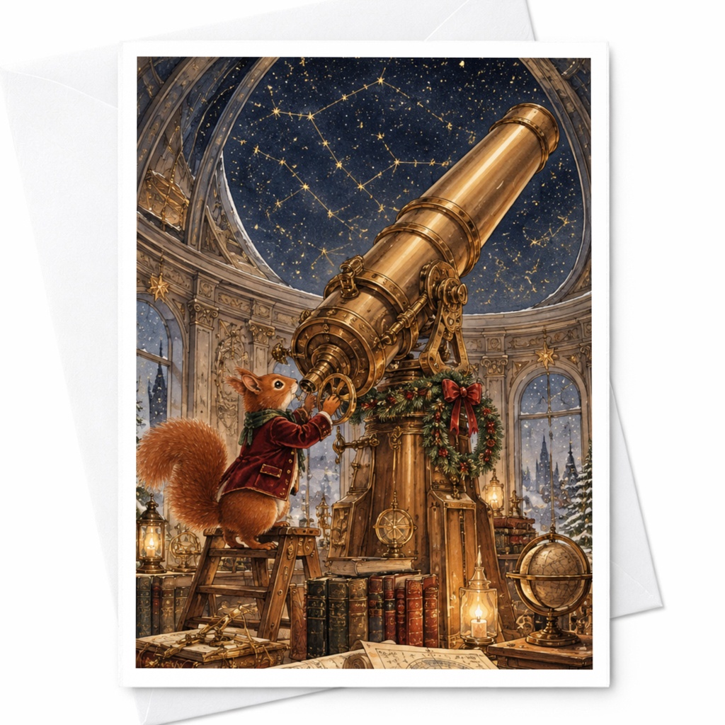 Squirrel With Telescope Blank Greeting Card Cute Animal Card For Nature Lover Whimsical Illustration Everyday Card C10458