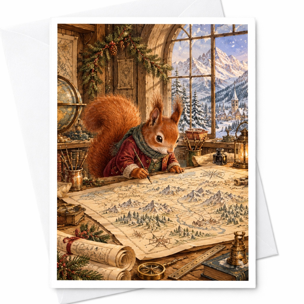 Squirrel With Map Blank Greeting Card Woodland Animal Card Cute Nature Lover Card Winter Scene For Friend Adventure C10462
