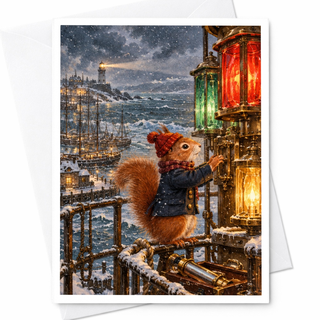 Squirrel Lighthouse Scene Blank Greeting Card Cute Animal Card For Nature Lover Winter Holiday Card Whimsical Art Card C10465