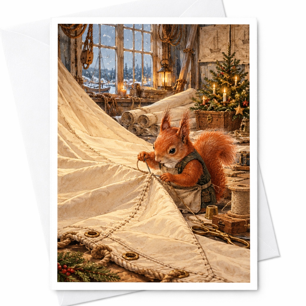 Squirrel Sewing Christmas Card Cozy Winter Scene Holiday Greeting Card Woodland Animal Art For Nature Lover Cute Festive Card C10469
