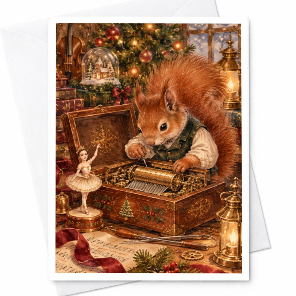 Squirrel With Music Box Christmas Card Cute Animal Holiday Greeting Card For Nature Lover Vintage Inspired Festive Card C10471