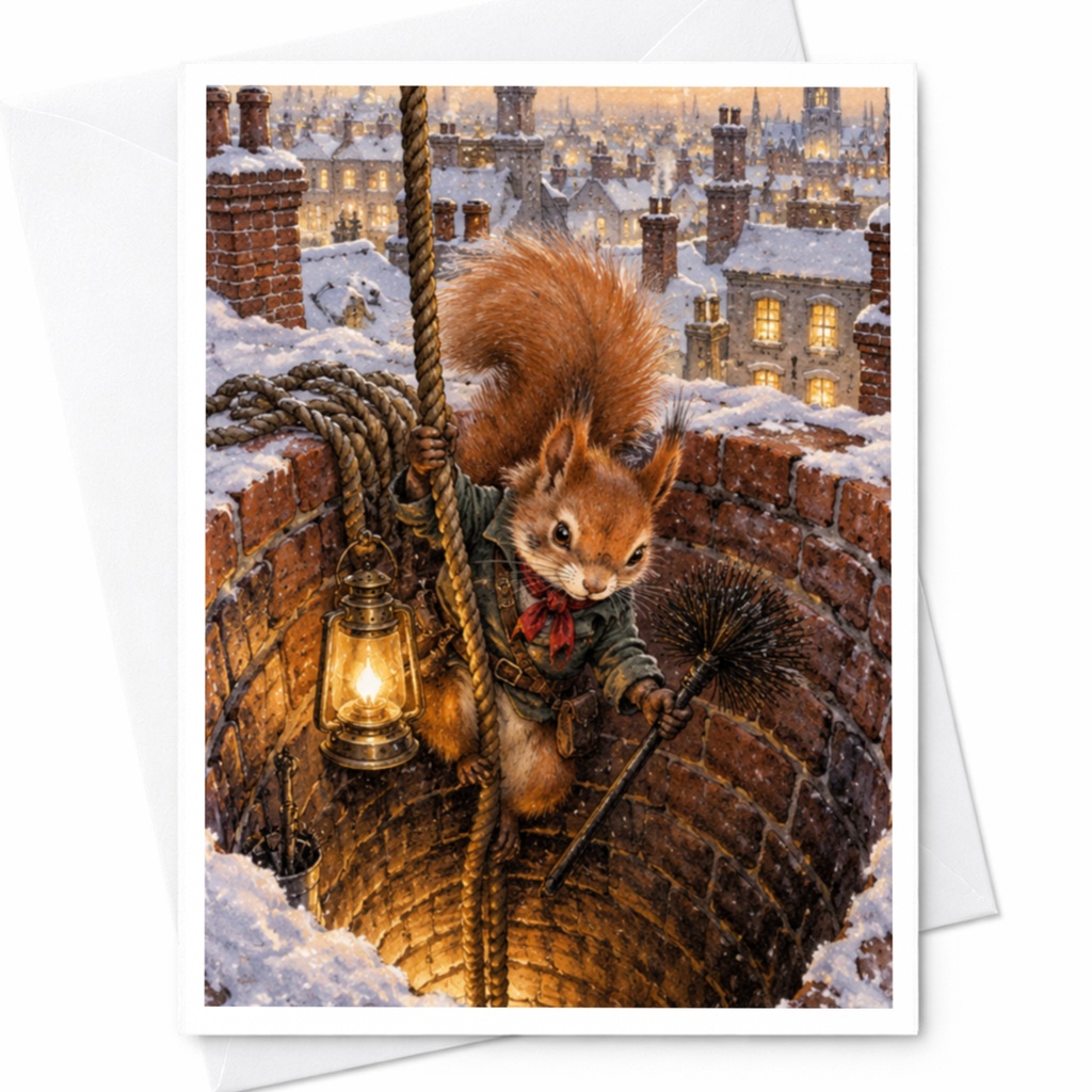 Squirrel Chimney Sweep Card Cute Animal Illustration Blank Greeting Card Winter Scene For Animal Lover Whimsical Art C10472