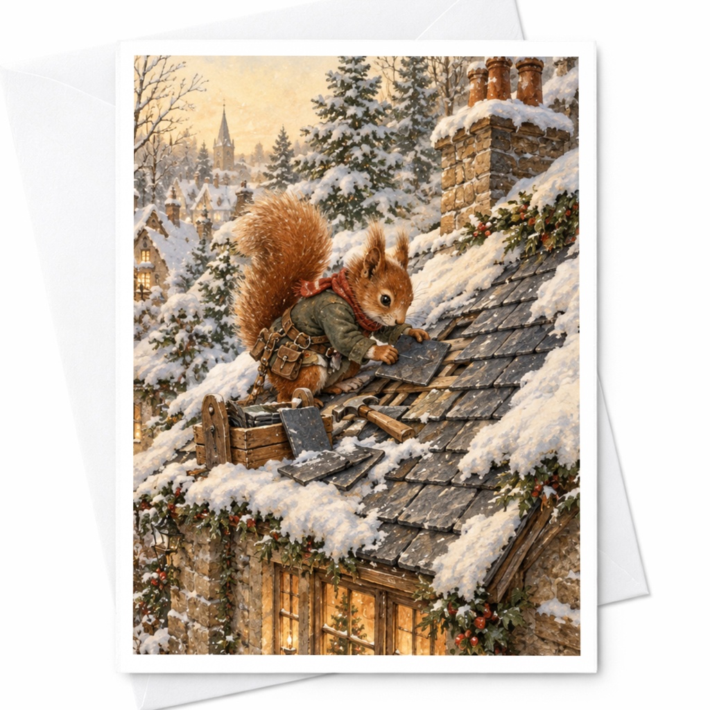 Squirrel On Snowy Roof Christmas Card Cute Animal Holiday Greeting Card Winter Scene For Nature Lover Woodland Art C10474
