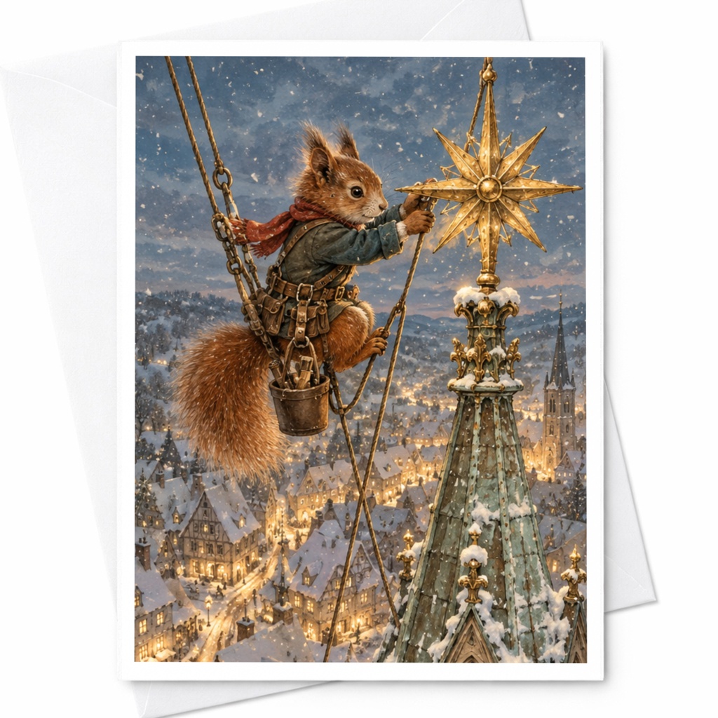 Squirrel Decorating Star Christmas Card Cute Animal Holiday Greeting Card Winter Scene For Nature Lover Festive Card C10475