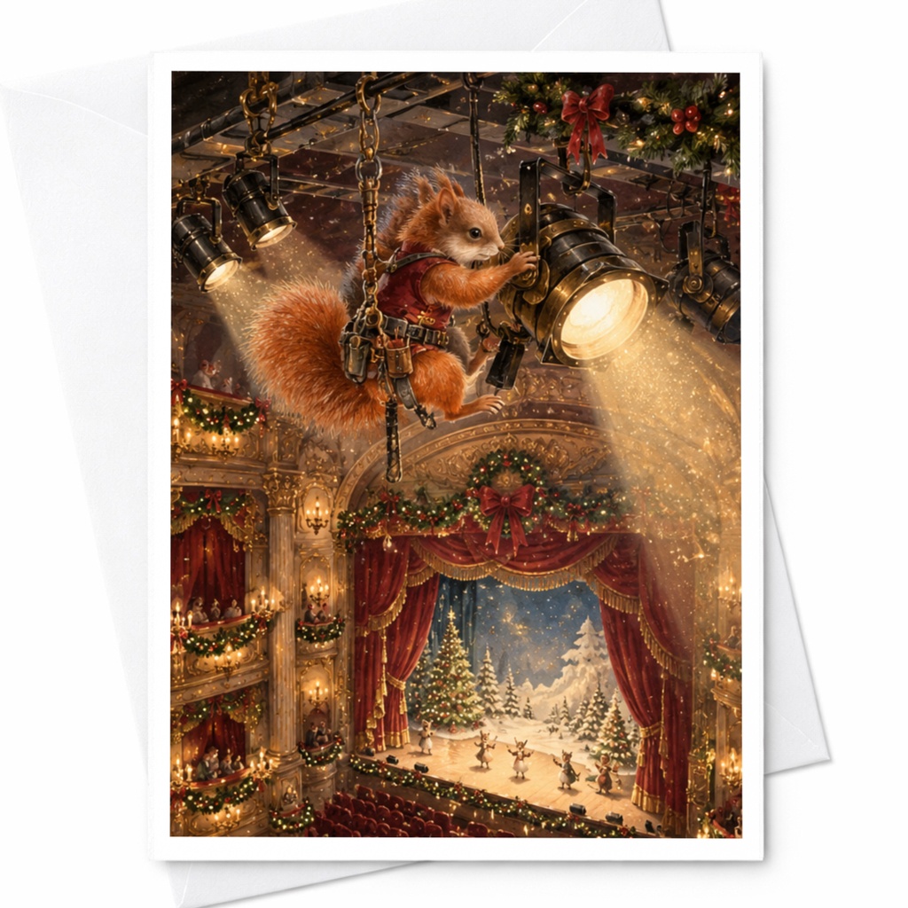 Squirrel Theater Christmas Card Cute Animal Holiday Greeting Card For Nature Lover Festive Scene With Spotlight C10476