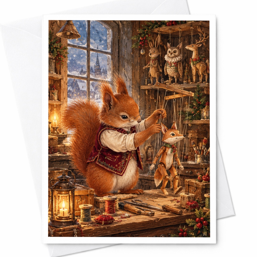 Squirrel Puppet Workshop Christmas Card Woodland Animal Holiday Greeting Card Cute Festive Winter Scene For Nature Lover C10478