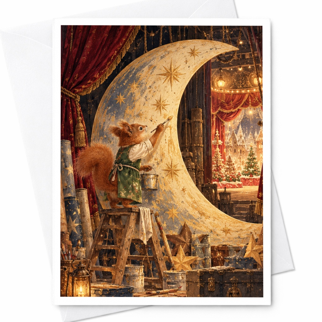 Squirrel Painting Moon Greeting Card Whimsical Animal Art Blank Note Card For Nature Lover Cute Woodland Scene C10479