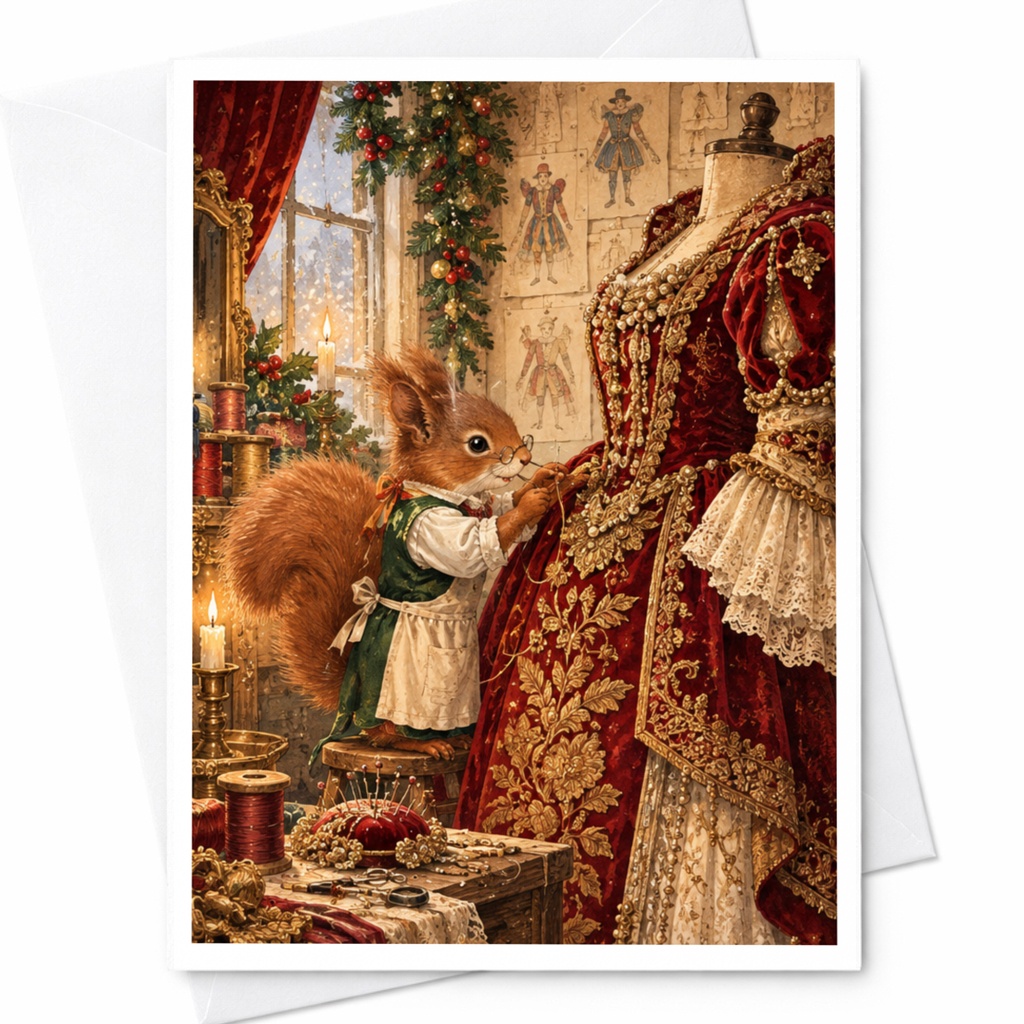 Squirrel Sewing Dress Card Blank Greeting Card Cute Animal Art Card For Sewing Enthusiast Woodland Creature Card Christmas Decor C10480