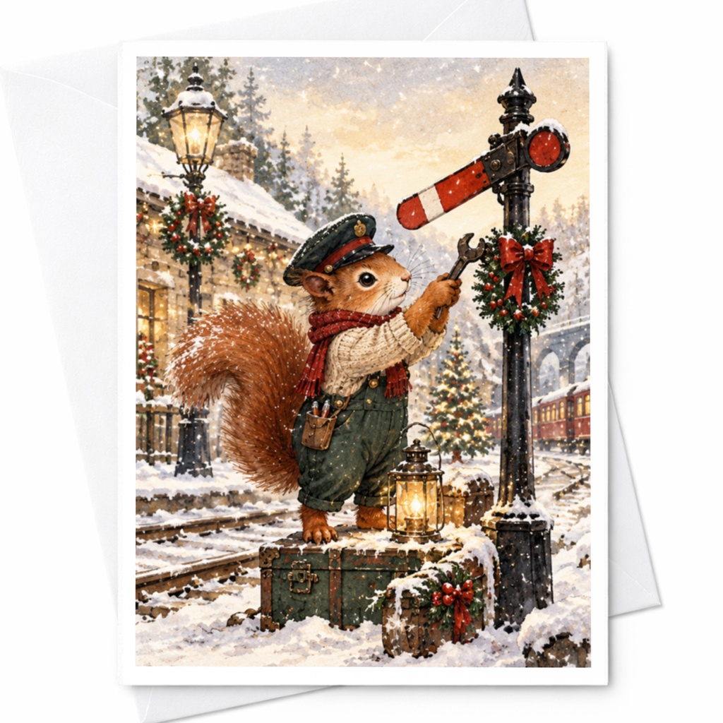Squirrel In Winter Scene Christmas Card Cute Animal Holiday Greeting Card Woodland Theme Festive Snowy Landscape For Nature Lover C10482