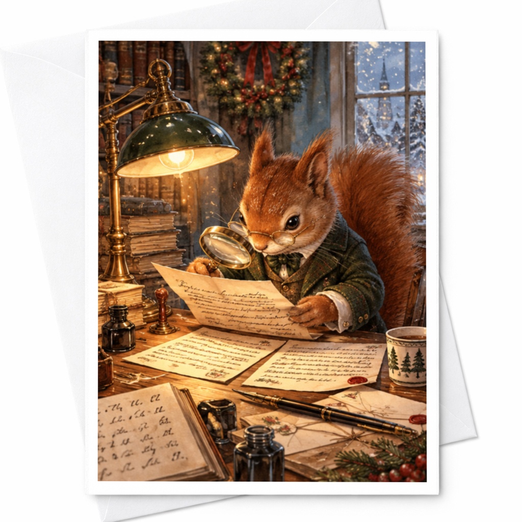 Squirrel Reading Letter Christmas Card Cute Animal Holiday Greeting Card Woodland Theme For Nature Lover Winter Scene C10494