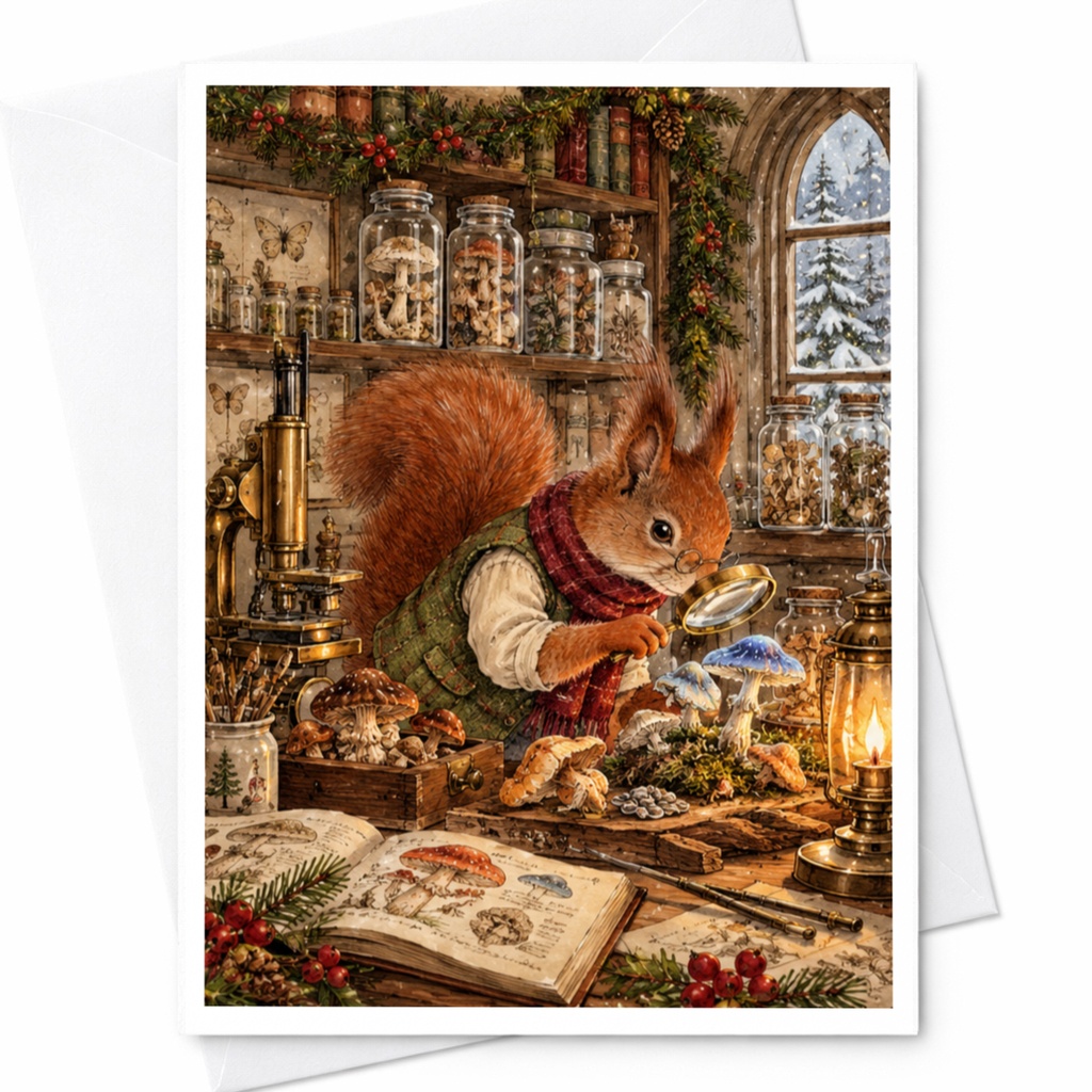 Squirrel Studying Mushrooms Blank Greeting Card Woodland Animal Art Nature Lover Card Cute Forest Scene Everyday Card C10495