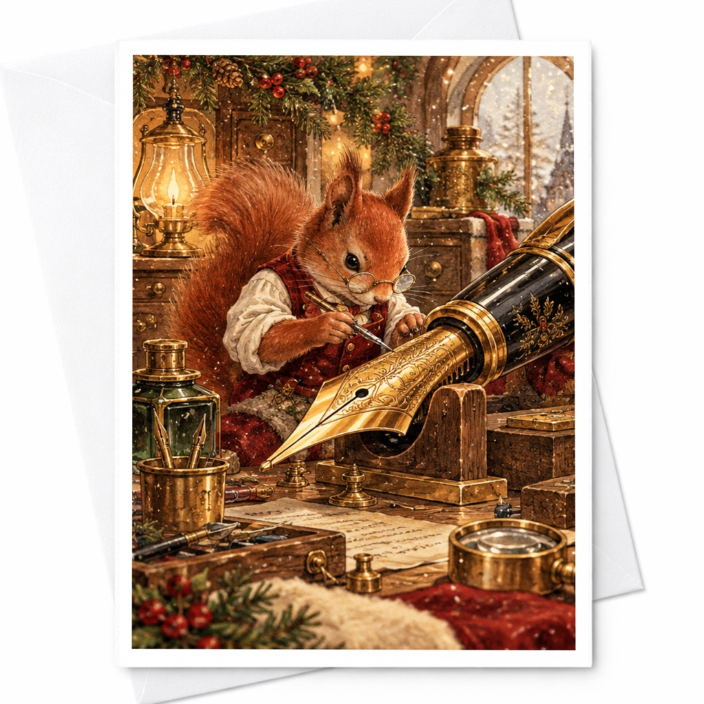 Squirrel With Fountain Pen Blank Greeting Card Woodland Animal Art Cute Christmas Card For Nature Lover Holiday Card C10497