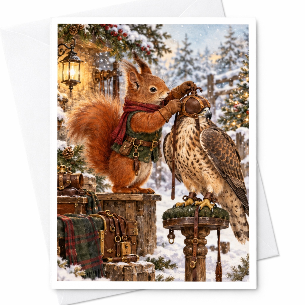 Squirrel And Falcon Winter Scene Christmas Card Cute Animal Holiday Greeting Card Woodland Wildlife Art For Nature Lover C10501