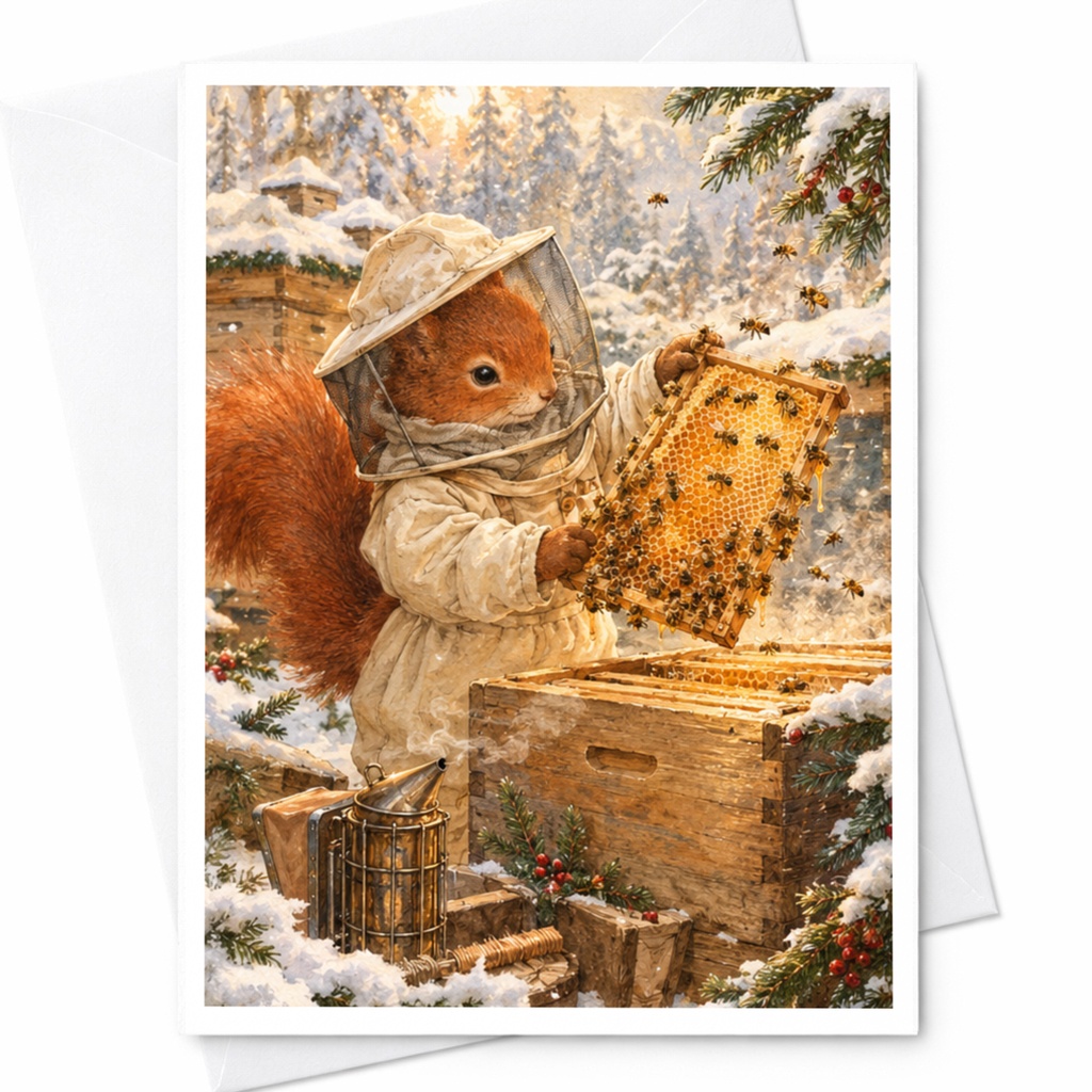 Squirrel Beekeeper Card Cute Animal Winter Scene Blank Greeting Card Nature Lover Woodland Wildlife Art Card C10505