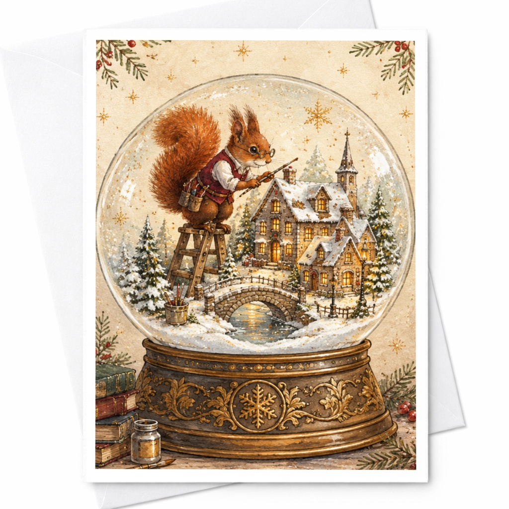 Squirrel Painting Snow Globe Christmas Card Cute Holiday Greeting Card Winter Scene For Animal Lover Festive Art Card C10509