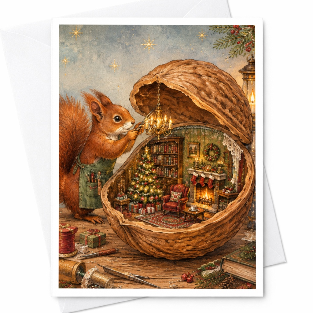 Squirrel Walnut Christmas Card Cozy Holiday Scene Greeting Card For Animal Lover Cute Festive Card With Tree Fireplace C10510