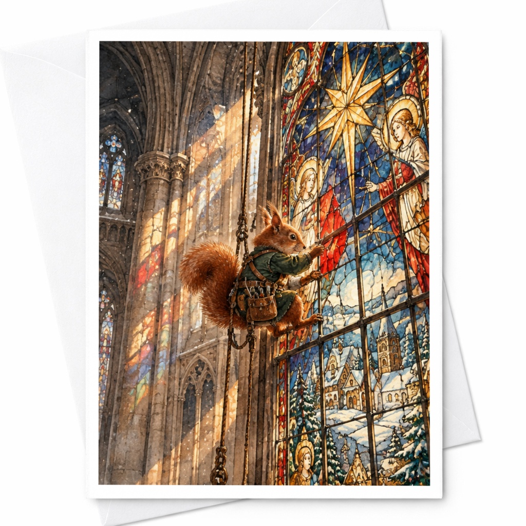 Squirrel With Stained Glass Christmas Card Cute Animal Holiday Greeting Card For Nature Lover Whimsical Winter Scene C10415