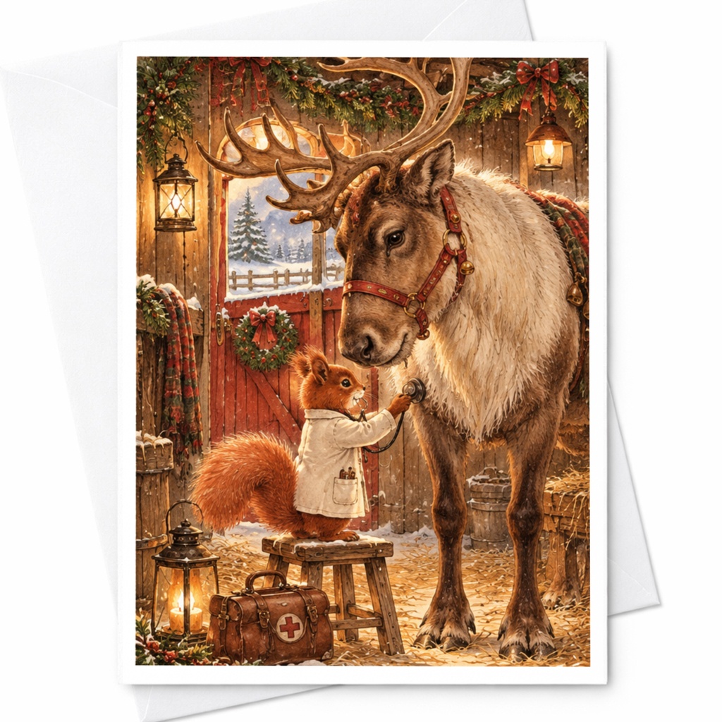 Squirrel And Reindeer Christmas Card Festive Animal Greeting Card Woodland Holiday Card Cute Winter Scene For Animal Lover C10416
