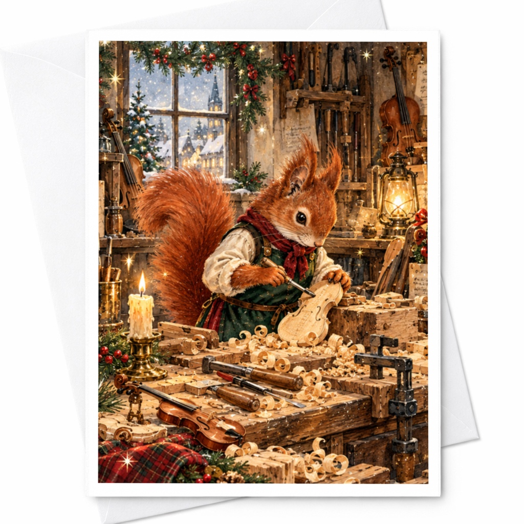 Squirrel Crafting Violin Christmas Card Woodland Animal Holiday Greeting Card Cute Festive Winter Scene For Music Lover C10422