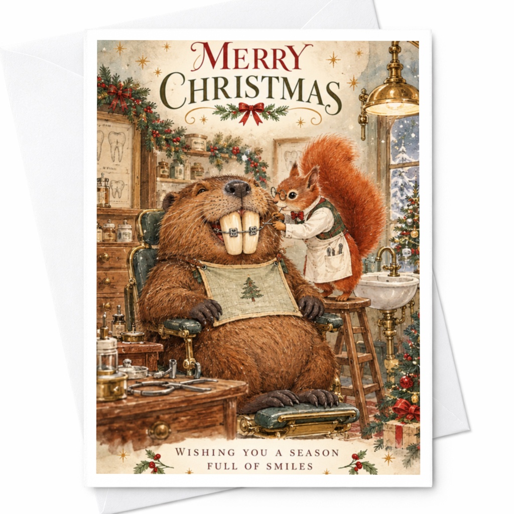 Merry Christmas Wishing You A Season Full Of Smiles Cute Christmas Card Beaver Squirrel Festive Holiday Greeting Card C10425